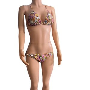 Xhilaration Multi colored Paisley Bikini Triangle Cut Top & Tie Side Bottoms